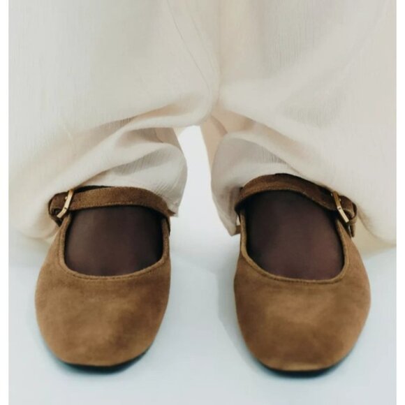 ZARA Women’s Suede Mary Jane Flats Brown Tan Ballet Shoes Size 40 Buckle Strap - Picture 11 of 14
